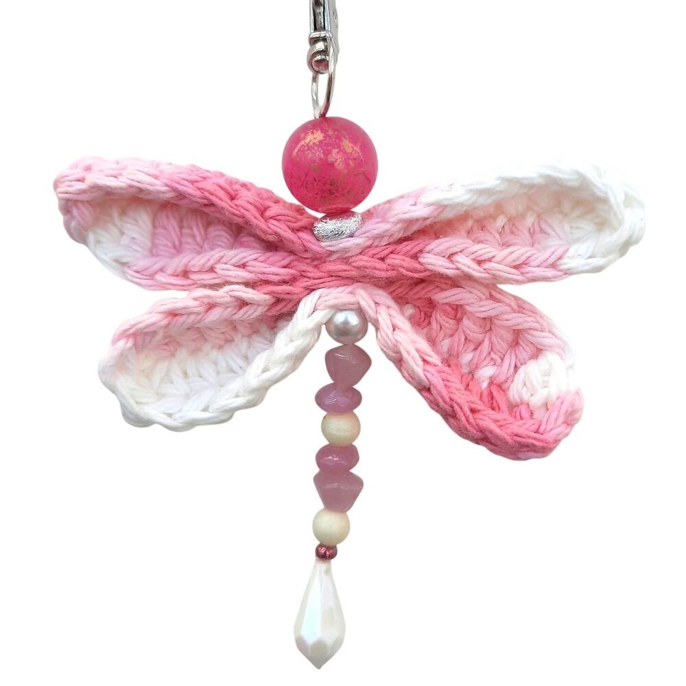 Handmade Crochet Dragonfly Bag Charm Pink White Wings Beaded Keychain NEW
